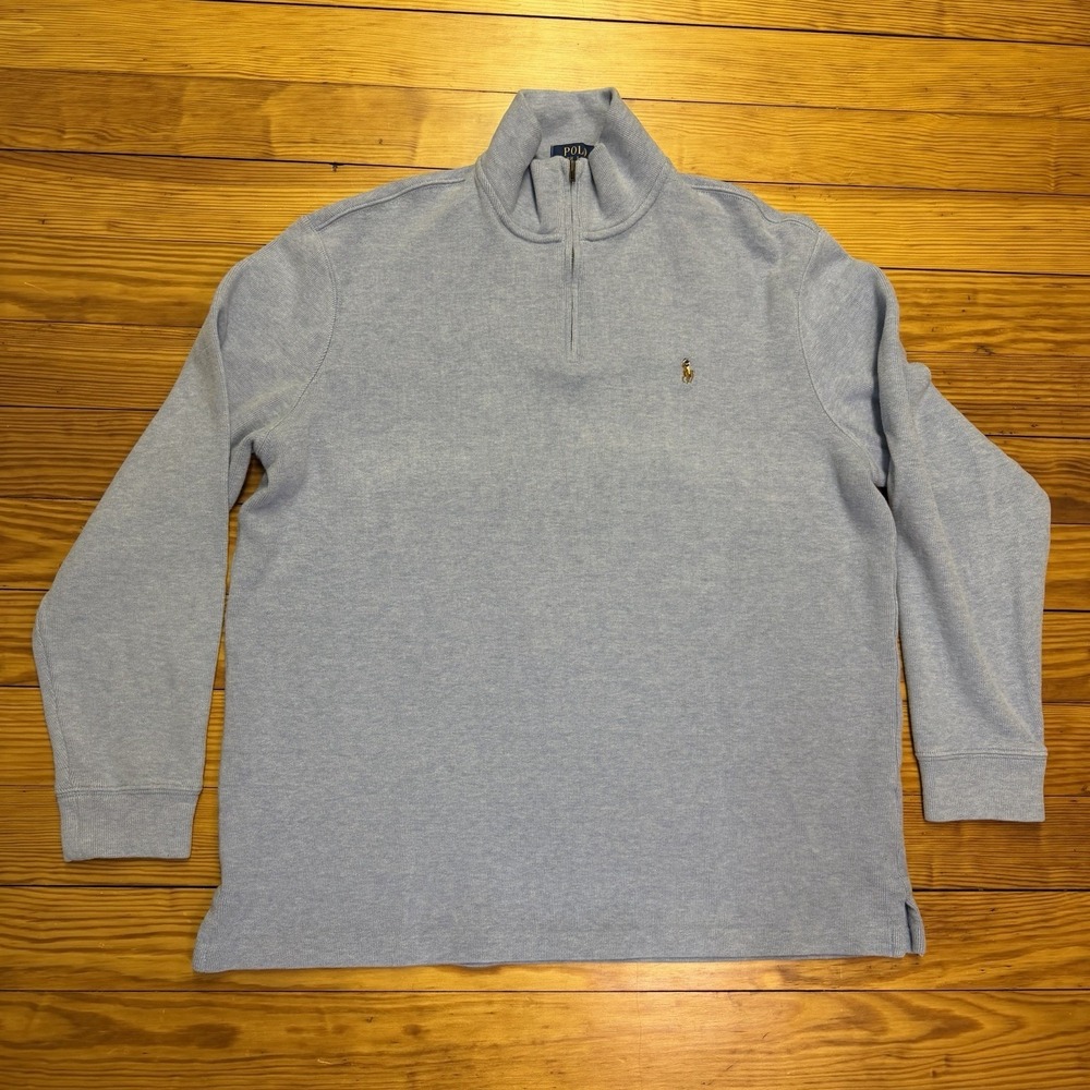 Polo Ralph Lauren Double Knit Mockneck Sweatshirt Mens XL Blue 1/4 Zip Tan Pony